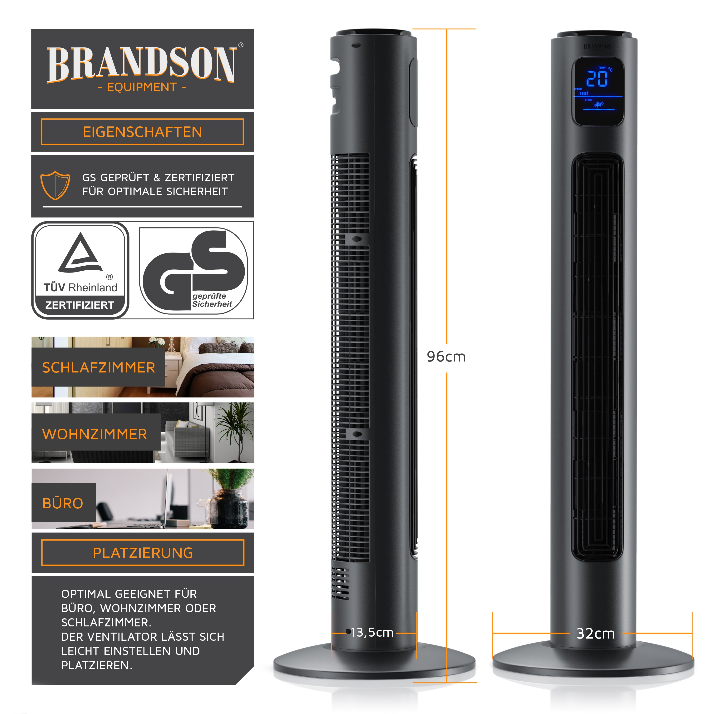 Brandson Turmventilator mit Fernbedienung 96 cm, Säulenventilator leise, Standventilator mit Oszilation 60°, 3 Geschwindigkeiten 4 Lüftungsmodi Timer