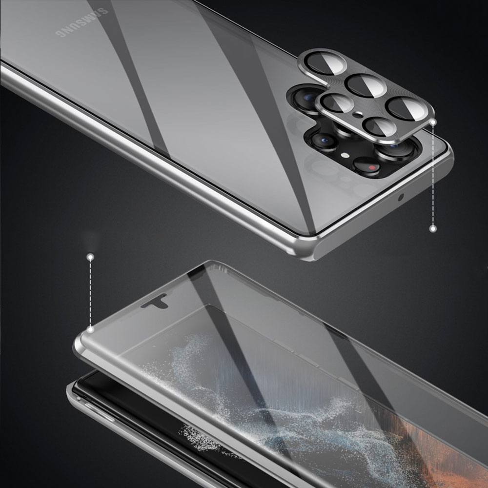 Samsung Galaxy S23 Ultra 5G Magnetische Alu Schutzhülle mit Panzer Glas Backcover   Display- / Kameraglasschutz (Verschlussmechanismus) - Silber