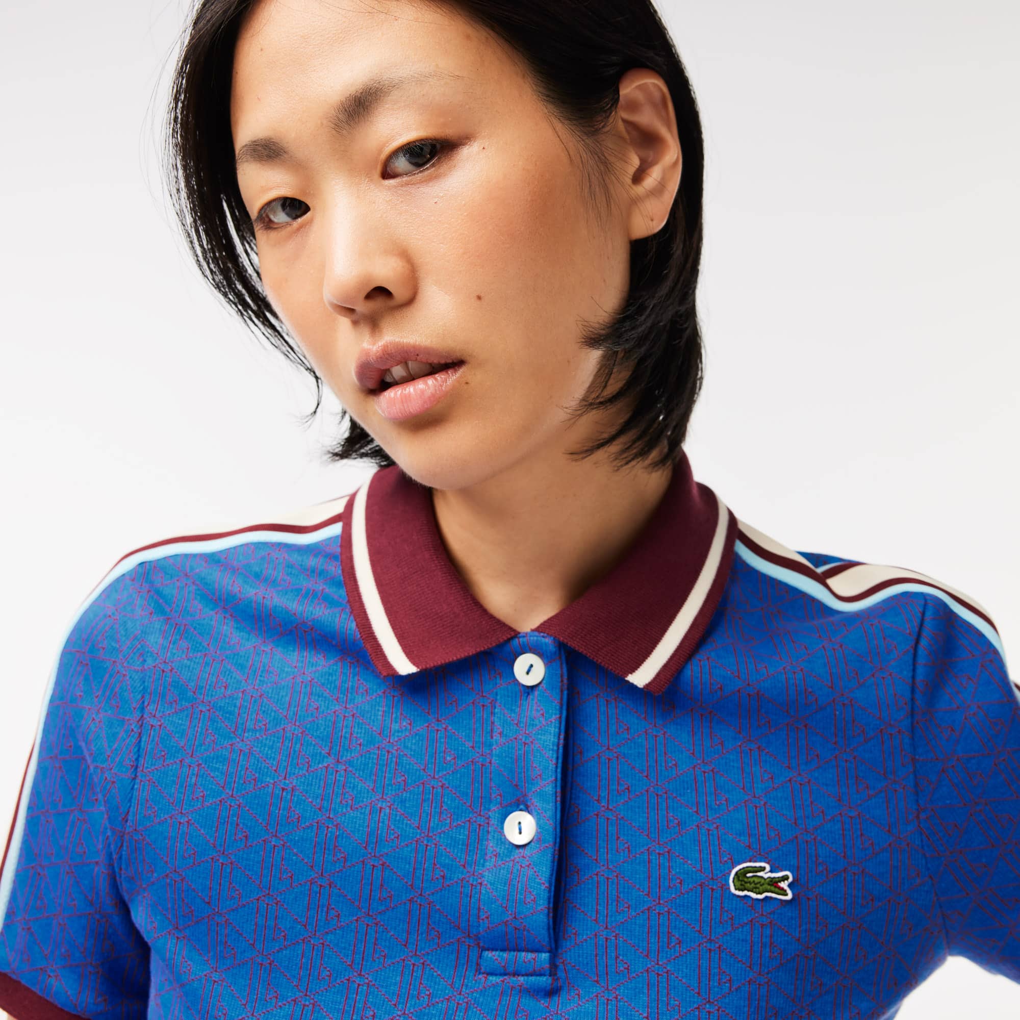 Polo slim fit jacquard monogramme Lacoste Manches Longues - Bleu - Lacoste - Femme