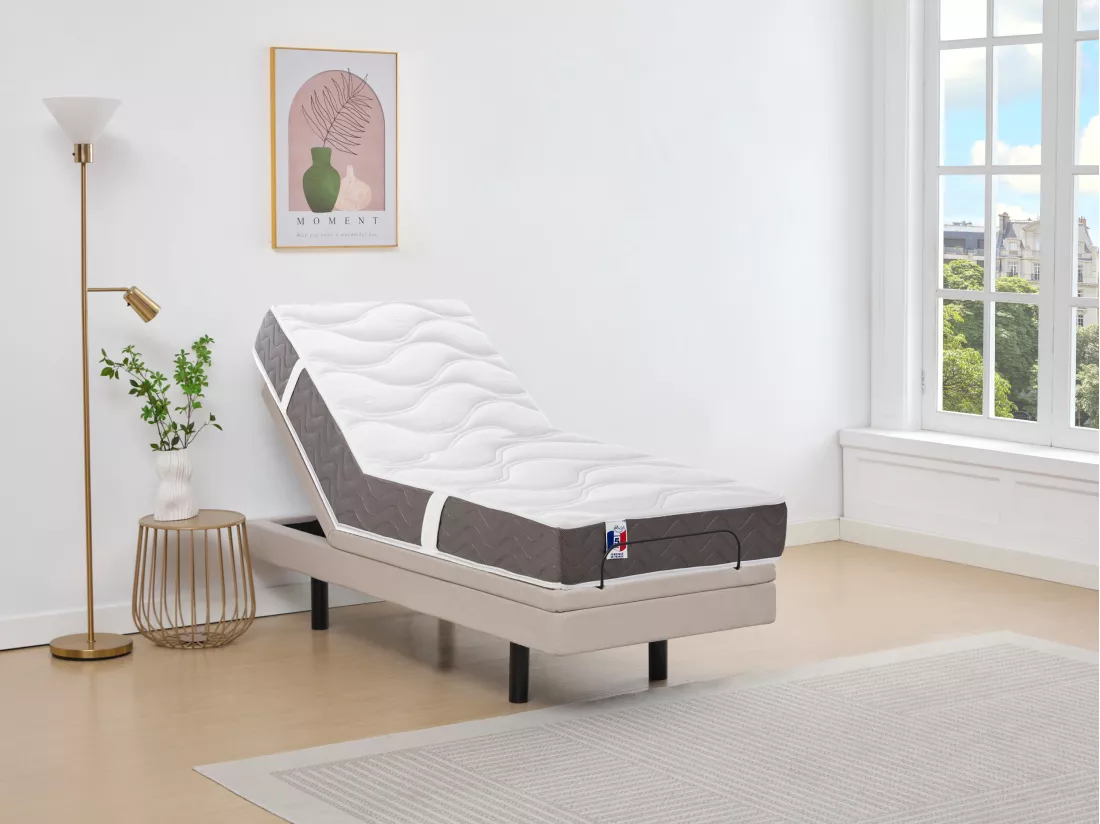 Lit électrique de relaxation déco + matelas 100% latex 3 zones - 90 x 200 cm - Tissu - Beige - PANISOLA de YSMÉE