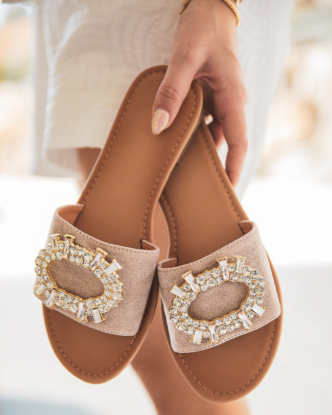 Sandale plate femme diamant daim mule beige - Clara