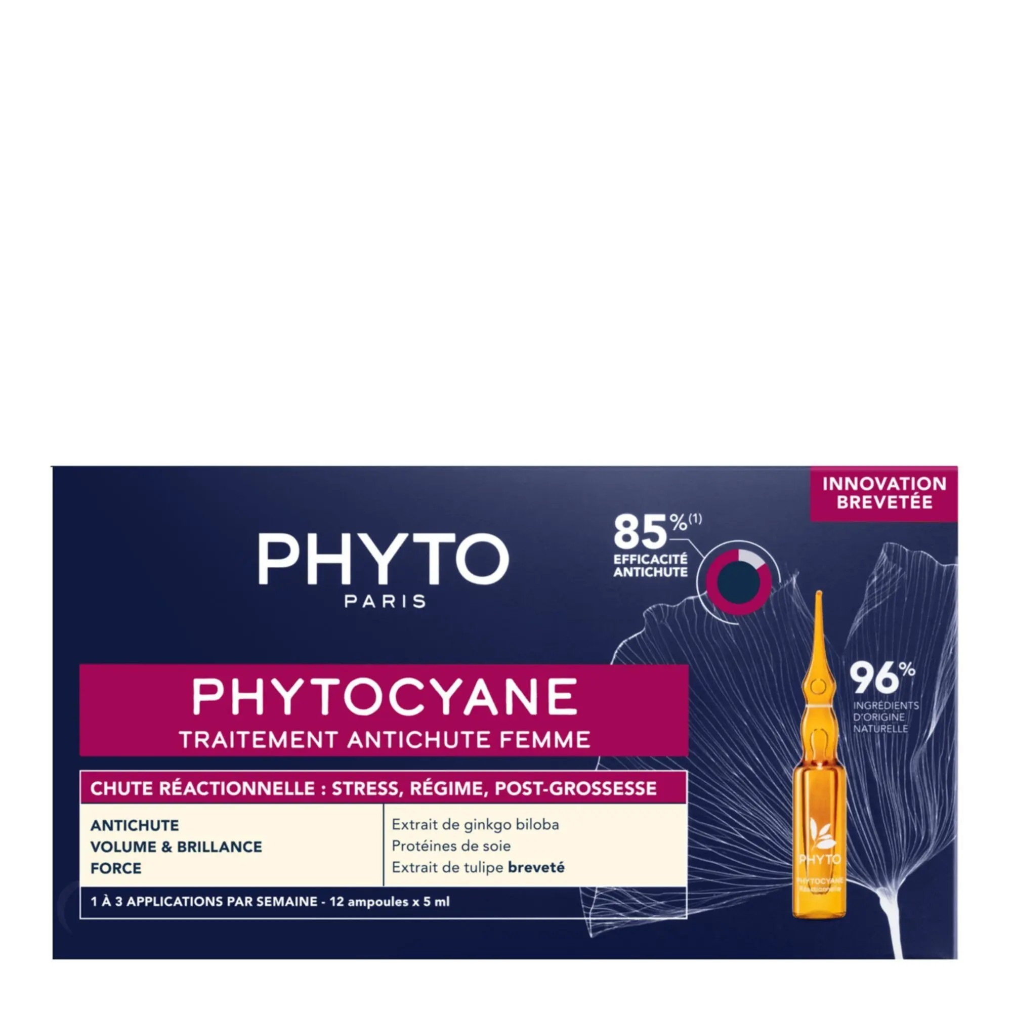 Phyto - Traitement Antichute FemmeChute Réactionnelle - 12 ampoules x 5ml 60ml - Cheveux fragilisés/ chute de cheveux
