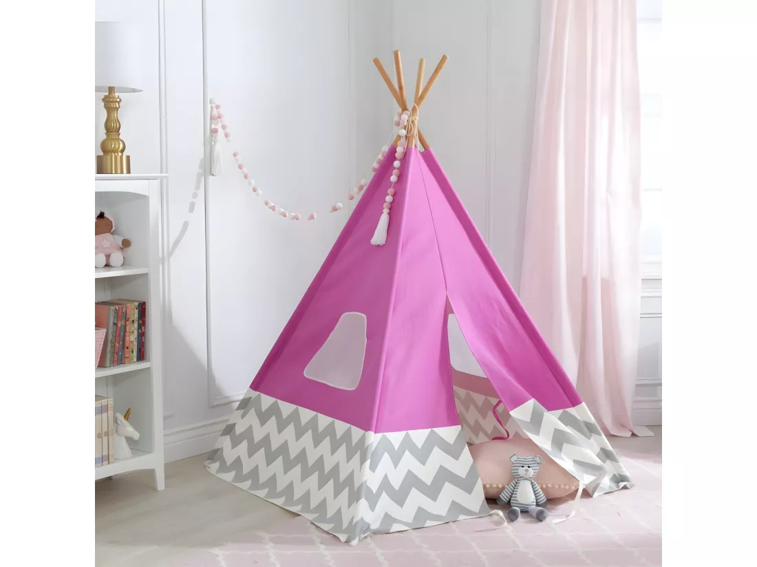 Tipi enfant en toile et bambou Rose