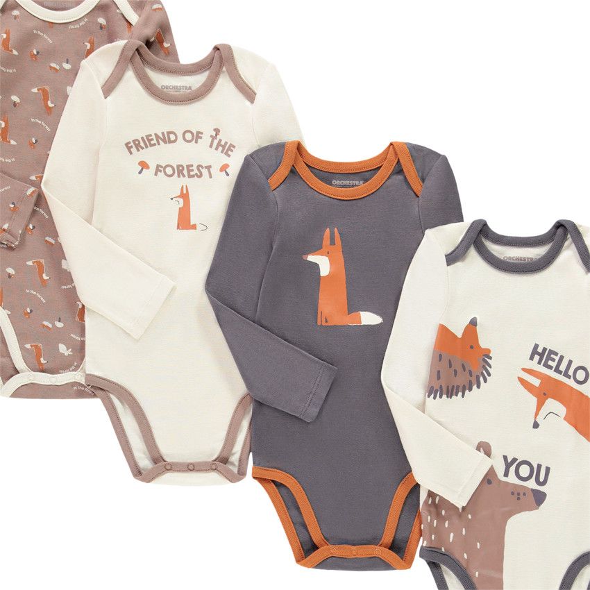 Lot de 7 bodies manches longues en coton bio print animaux pour bébé garçon - Ecru