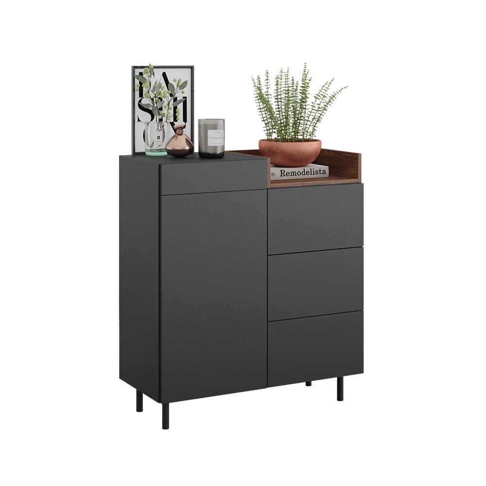 Vicco Kommode Anika, 89 x 100 cm, Anthrazit Walnussbraun mit Tür, 4 Schubfächer