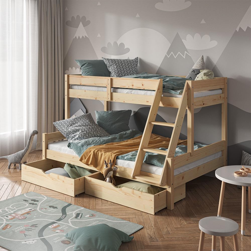 Etagenbett 120x200 / 80x200 cm Everest mit Schubladen - Naturholz 208x131x139 cm aus Holz - Bett für Kinder & Gäste, inklusive Lattenroste