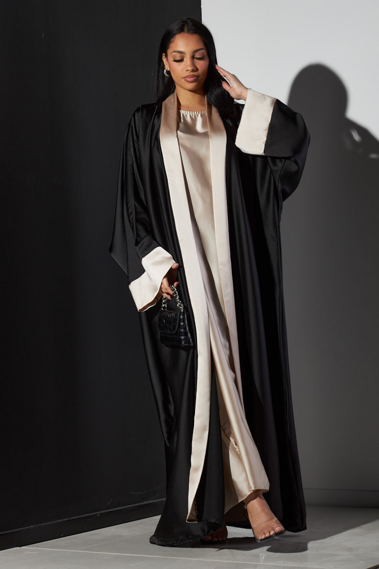 Ensemble 2 pièces robe + kimono noir à bandes beige