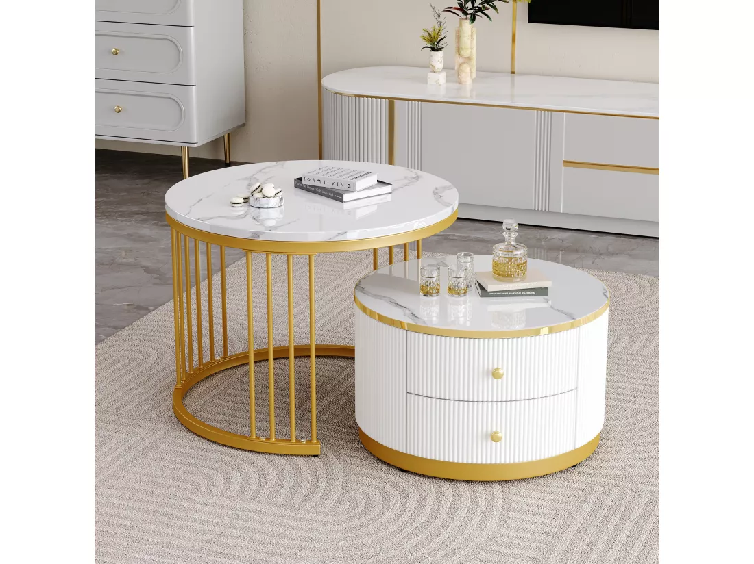 Lot de 2 tables basses gigognes avec 2 tiroirs - 60 x 60 x 45.5 cm + 50 x 50 x 32 cm - Aspect marbre brillant - MDF - Or et blanc