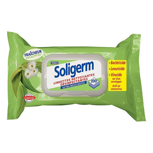 Lingettes désinfectantes nettoyantes Solipro Soligerm, étui de 100