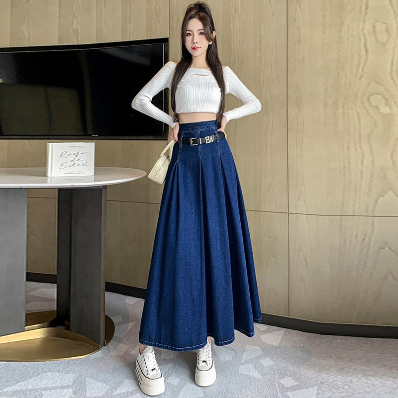 Frigga - Gewassen geplooide maxi-A-lijn denim rok met hoge taille en riem