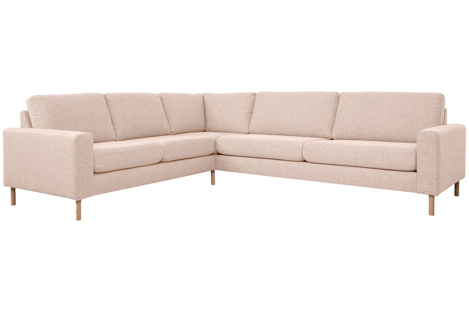 Pixel hjørnesofa Vendbar. I tekstil Niva BP01-02 Beige, høy front, hvitoljet eik W31 ben og Arm SL. Komfort 1.