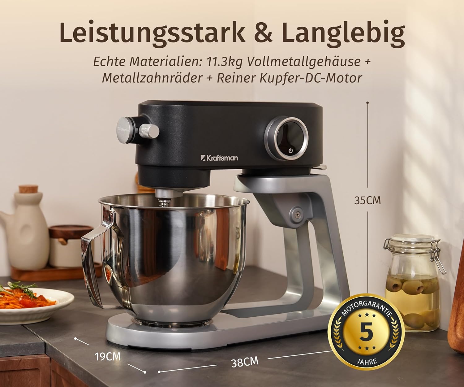 Küchenmaschine, Knetmaschine für Brotteig,Ganzmetallgehäuse,8 Stufen mit Timer,5 L Schüssel, 4 Edelstahl-Aufsätze: Flachrührer, Flexi-Rührer, Knethaken, Schneebesen & Sichtdeckel (Schwarz)
