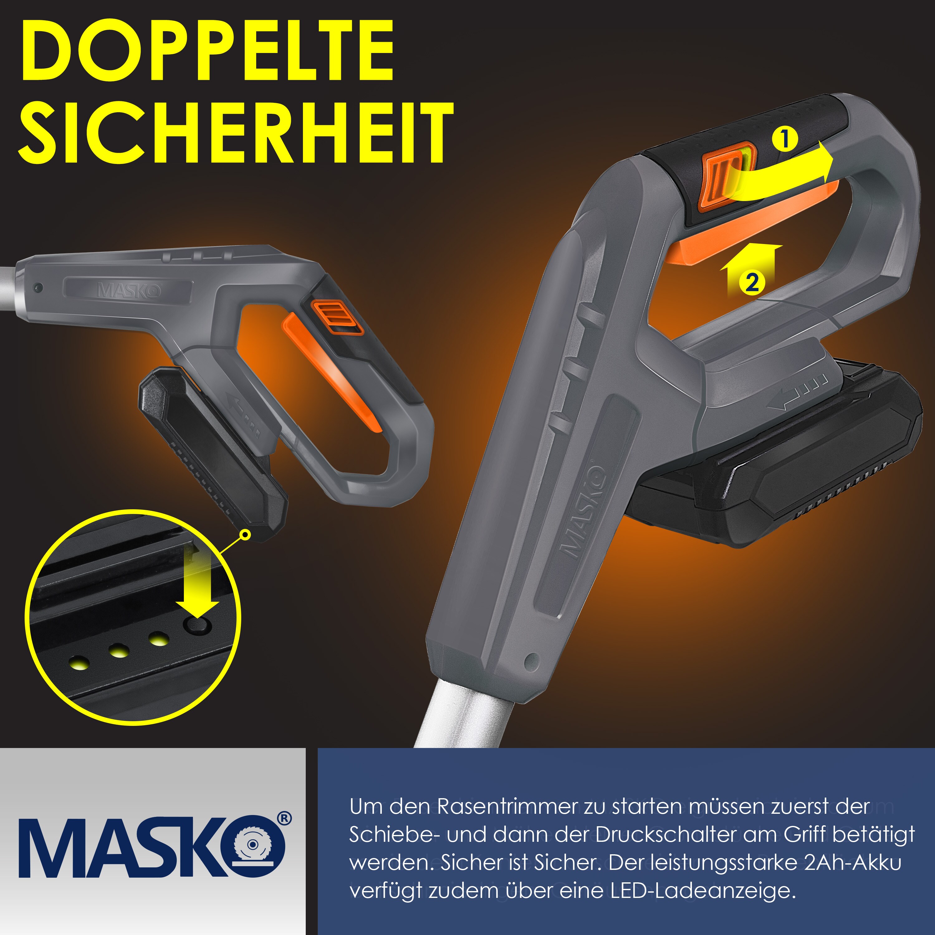 MASKO® Akku-Rasentrimmer mit 20 V Li-Akku, 2,0 Ah Akku und Ladegerät, Motorsense 26 cm Schnittkreis, 180° Trimmwinkel, Teleskop-Stiel & Zusatzhandgriff, inkl. 20 Messer Kunststoffklinge