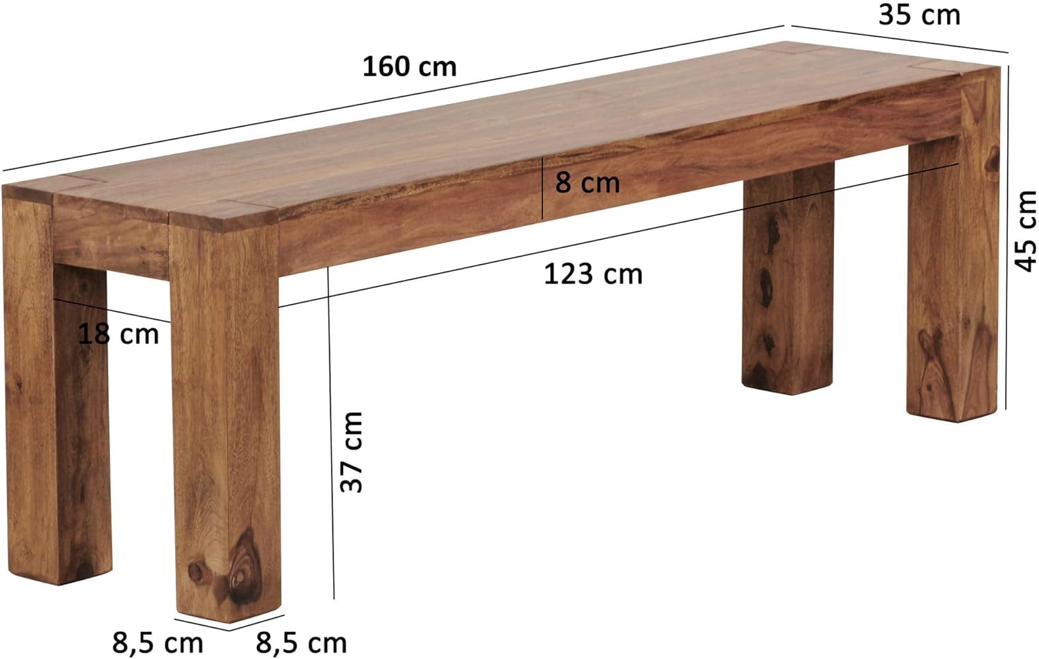 FineBuy Esszimmer Sitzbank Massiv-Holz Sheesham Holz-Bank Natur-Produkt Küchenbank im Landhaus-Stil Größe wählbar Braun