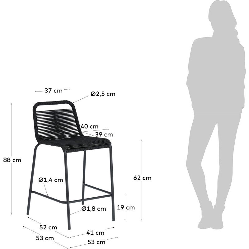 Tabouret Lambton - corde - pieds en acier H 62 cm noir