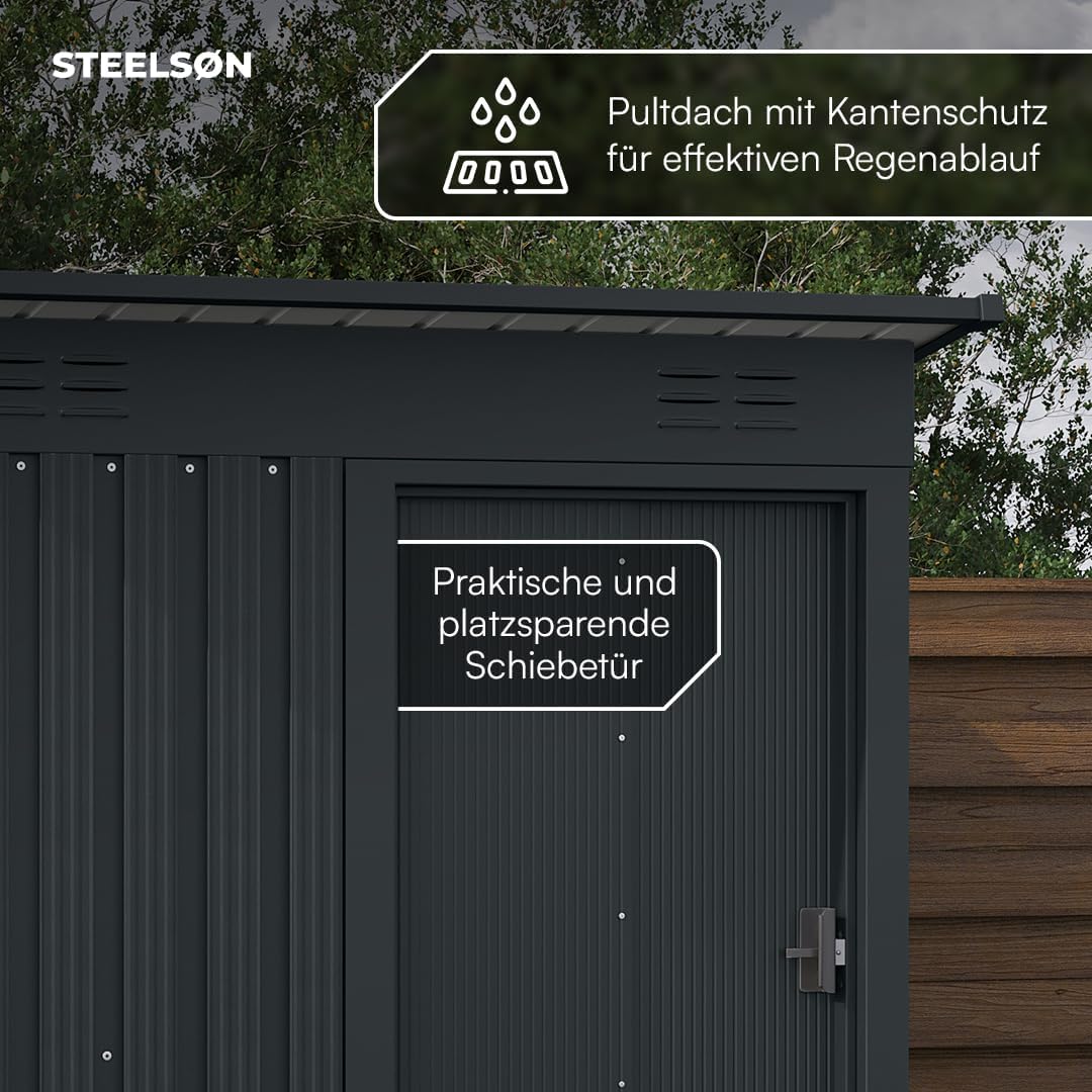STEELSØN Talonix Gerätehaus Metall – Geräteschuppen mit Pultdach – Gartenhaus 184x85x149cm (HxTxB) – Gartenschuppen Anthrazit – Gartenhütte Zinkstahlrahmen – Gerätehütte rostfrei – Schuppen Garten