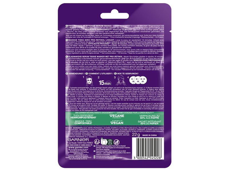 Garnier Gesichtsmaske Pro-Retinol glättend 1 Stück Serum-Maske sorgt für feinere Linien und ein glatteres, hydratisiertes, verfeinertes Hautbild