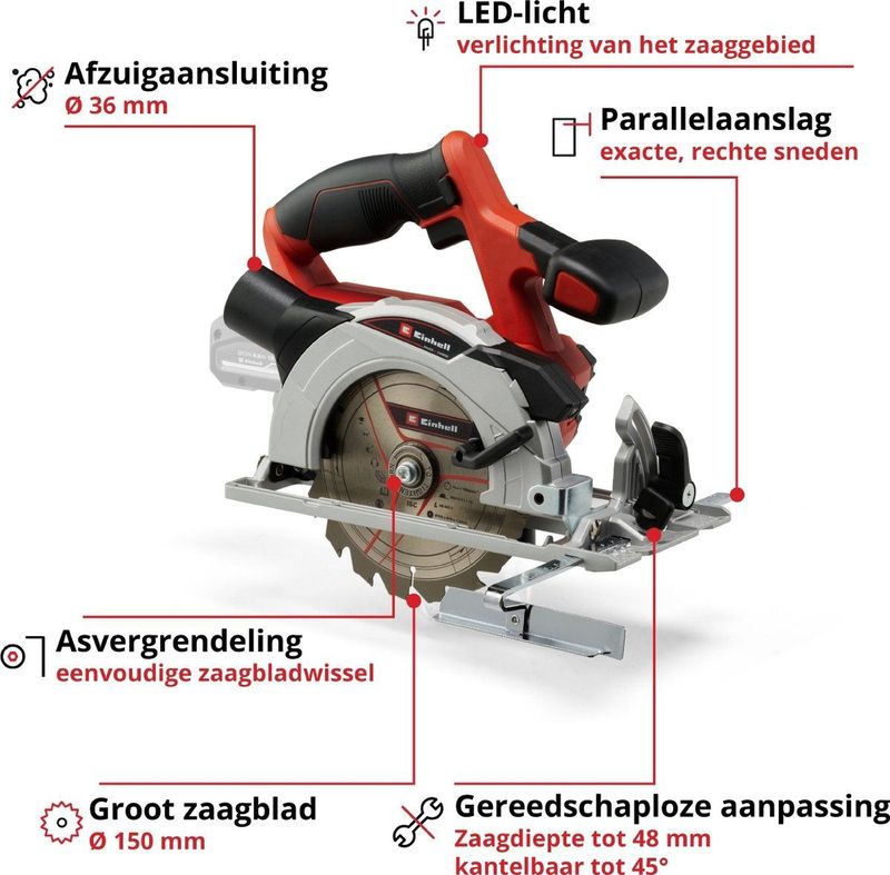 Einhell TE-CS 18/150 Li - Solo Accu-cirkelzaag Zaagdiepte 90° (max.) 48 Mm Zonder Acc
