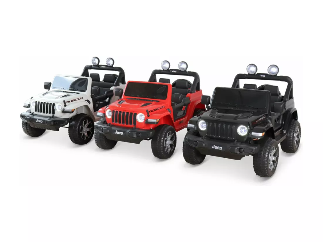 Voiture électrique 12V pour enfant - JEEP Wrangler Rubicon 2 roues motrices. rouge. 1 place. avec autoradio. télécommande. MP3. port USB / carte SD. prise jack et phares fonctionnels