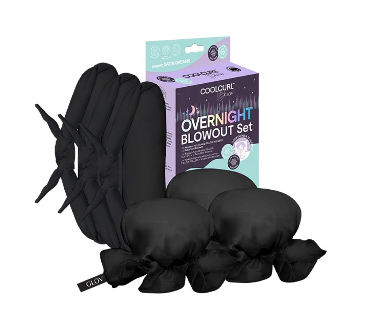GLOV - Conjunto de cabelo Rolos de ondulação sem calor + Mini toucas de cetim Overnight Blowout Set