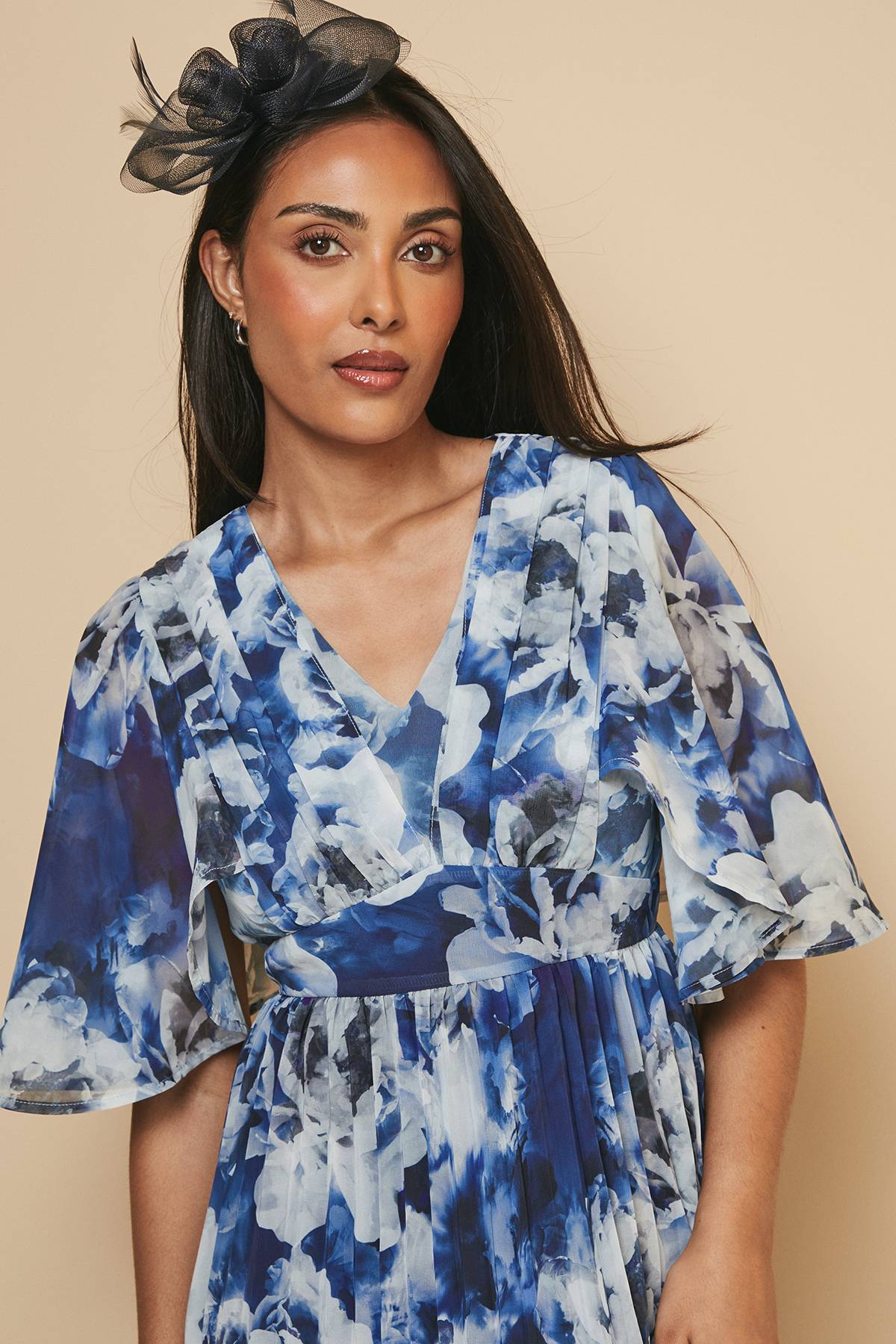 Wallis Robe Mi-Longue à Imprimé Floral avec Manches Cape Plissées - Taille Petite