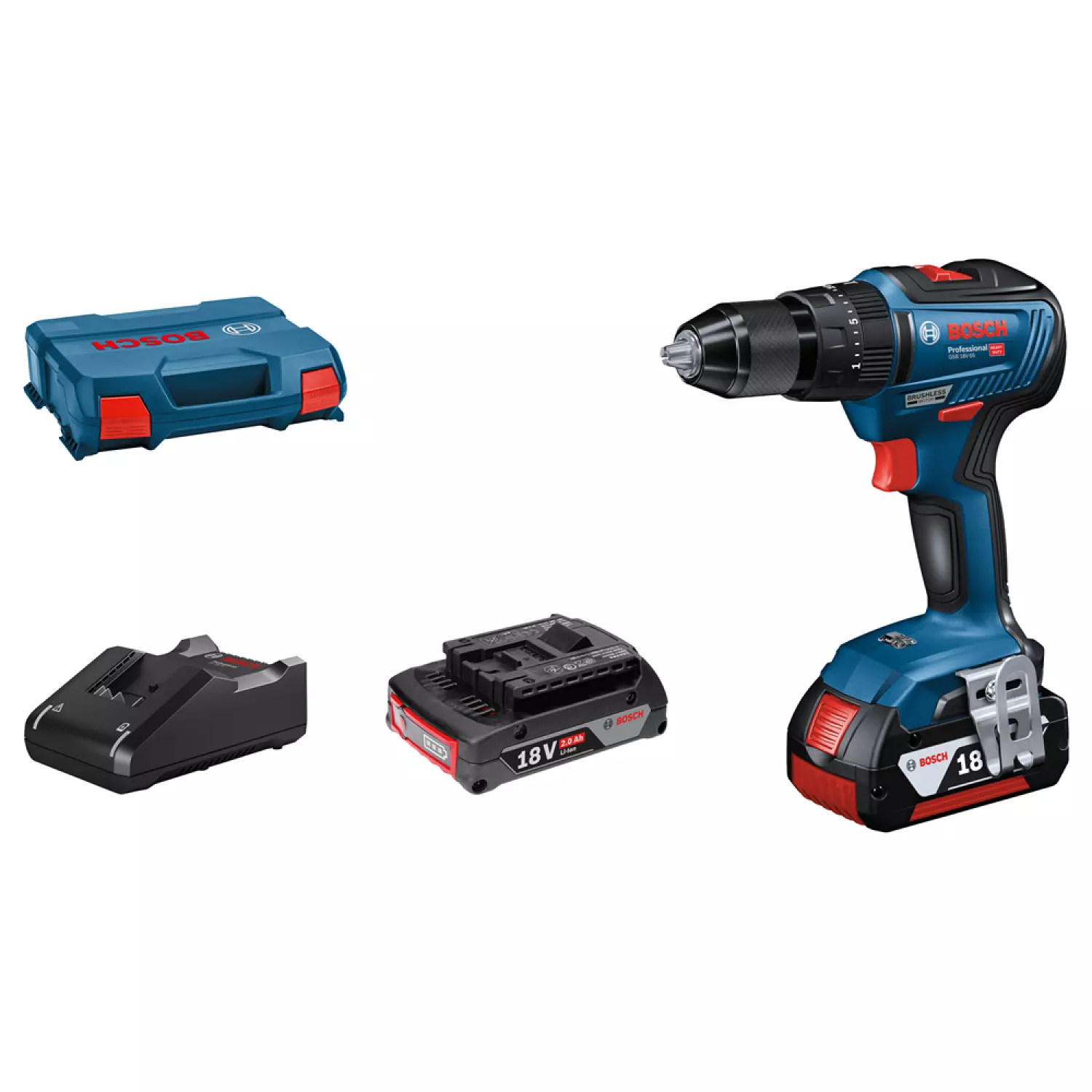 Bosch GSB 18V-55 18V Li-ion Accu schroefklopboormachine set (2x2.0Ah) in L-Case