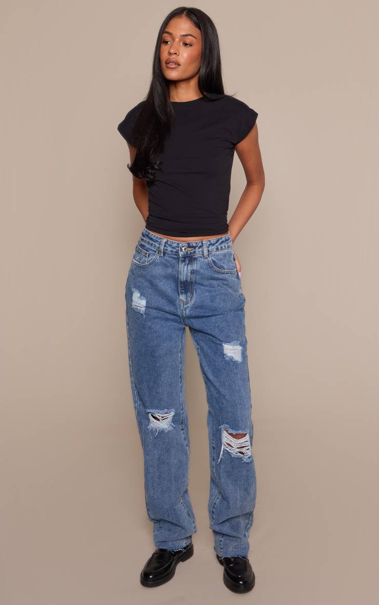 Mid Blue Wash Prettylittlething Tall Jean Droit Taille Mi-haute Jambe Longue Déchiré
