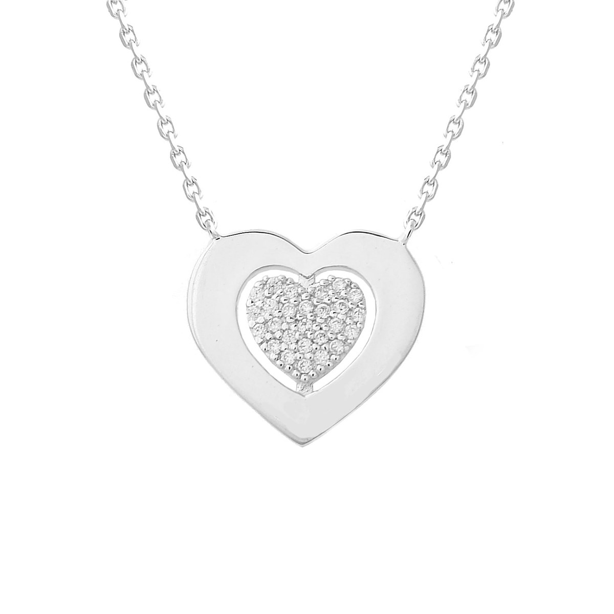 Collier coeur ajouré d'un autre coeur serti d'oxyde de zirconium Argent 925 Rhodié