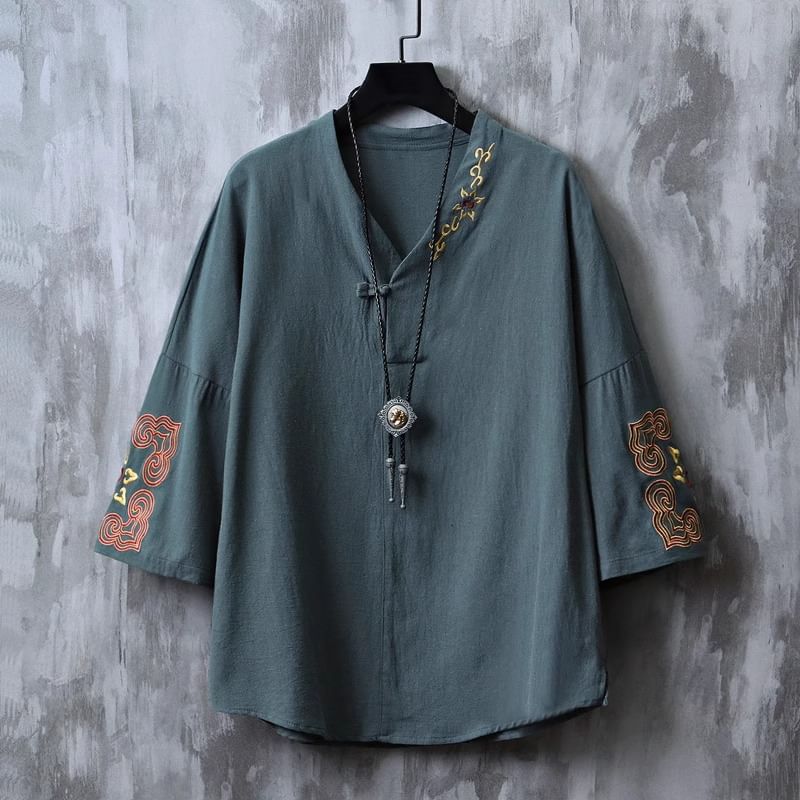 Fluffush - T-shirt met V-hals, geborduurd kikkermotief en knopen, 3/4 mouwen