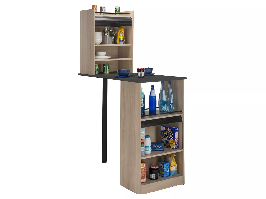 Table comptoir de cuisine + Meubles rangement Noir/Chêne - LUFAY