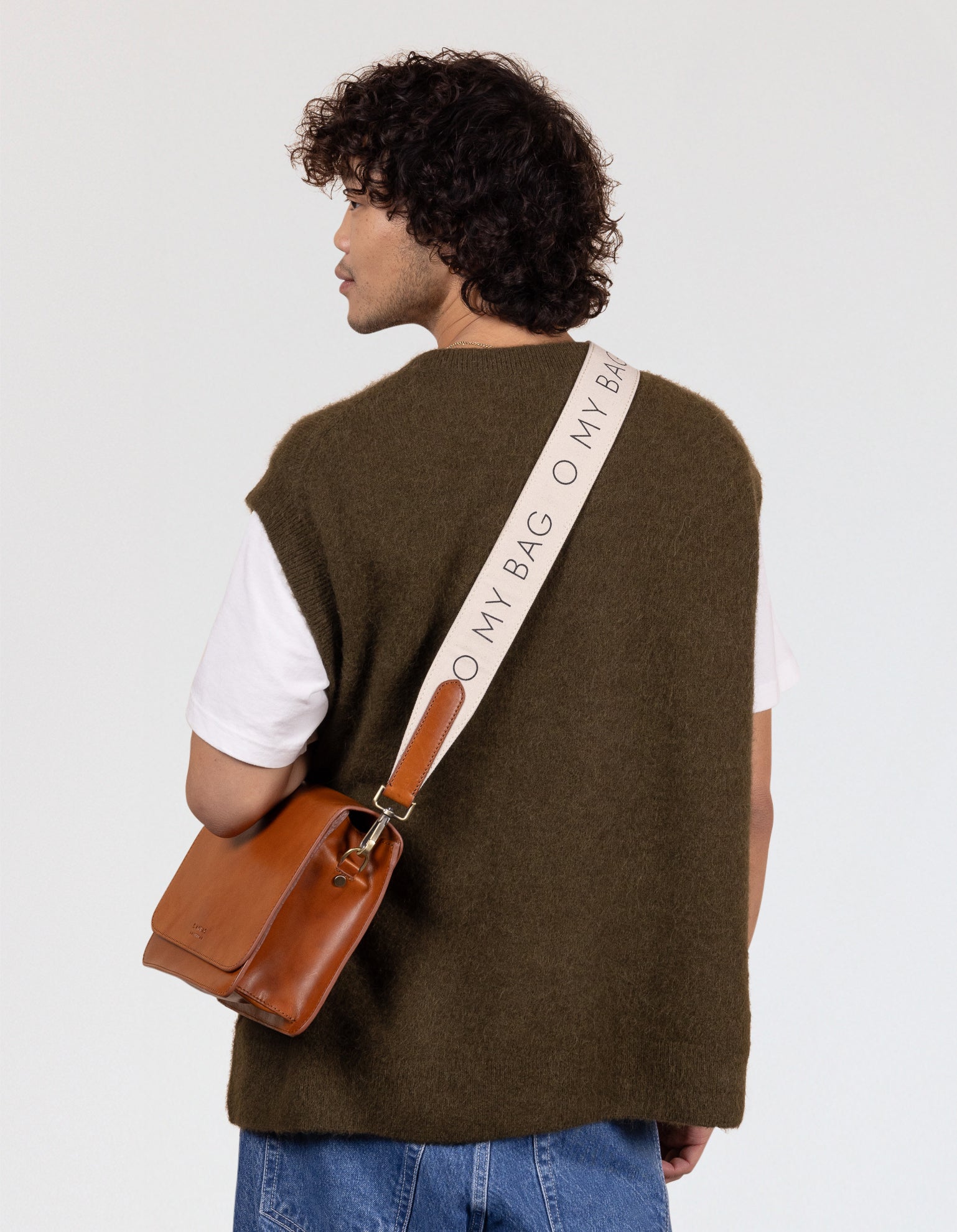 Canvas Logo Strap - White & Cognac Classic Leather