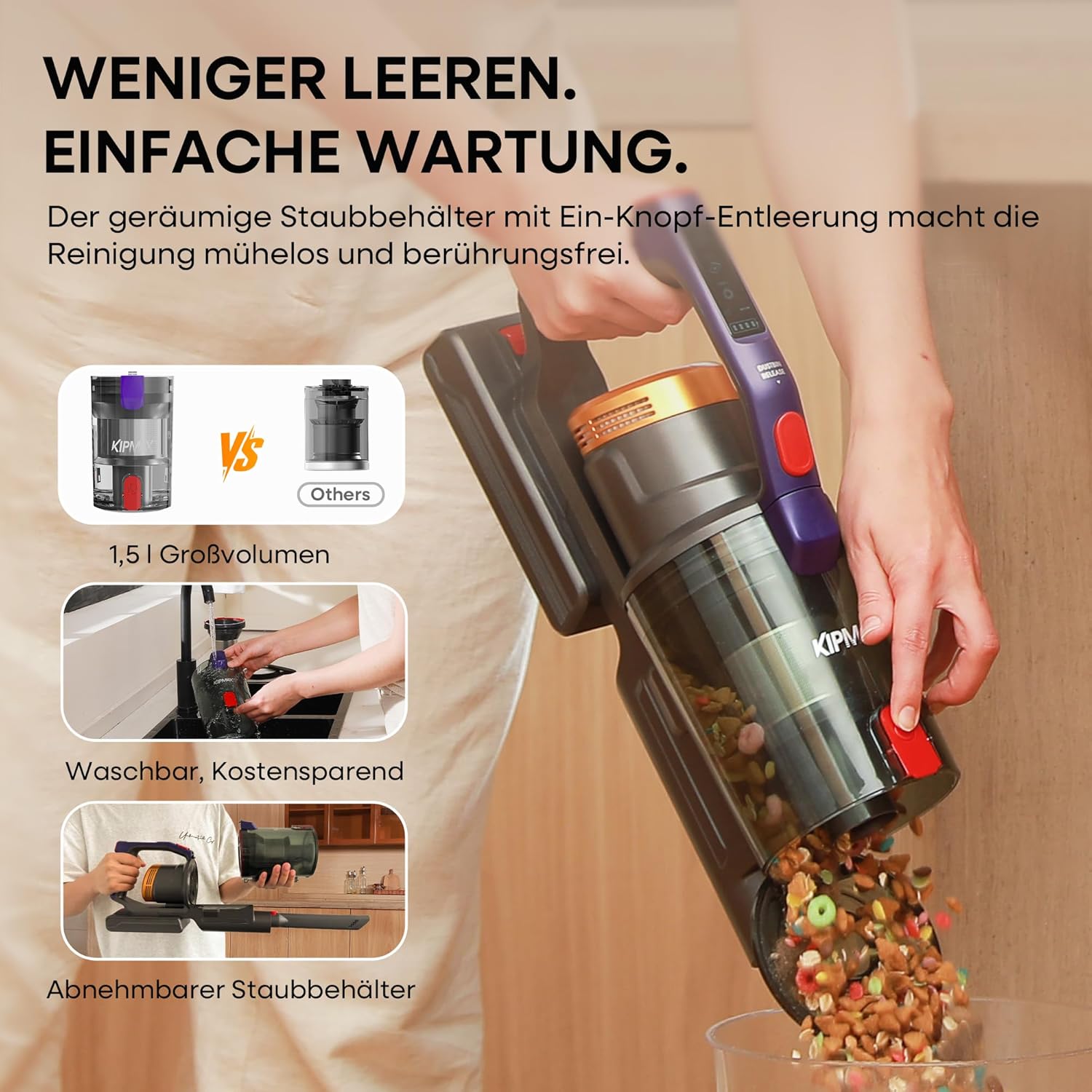 KIPMAX Akku Staubsauger 50000Pa/550W/70Min,1.5L Staubsauger Kabellos mit Display,Anti-Tangle-Bürste,7-Schicht-Filtra & 2 Duftplatten,Selbststehend Akkustaubsauger für Teppiche/Tierhaar/Hartböden
