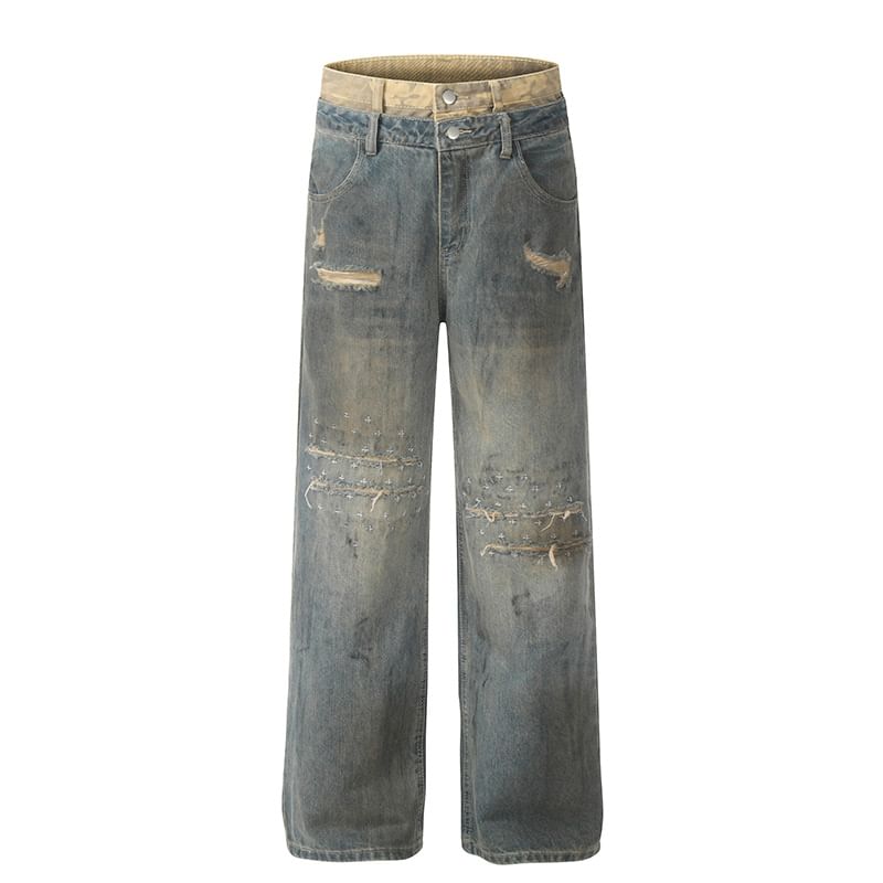 GRAYCIOUS - Mock Two-Piece Mid Rise Washed Distressed Wide Leg Jeans