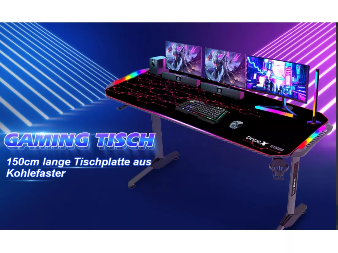 Bureau Gaming Ergonomique, Table d'ordinateur avec LED,Grand Bureau de jeu avec Panier à Boissons Crochet Pour Casque,Adapté au Bureau Maison,140x60x75cm