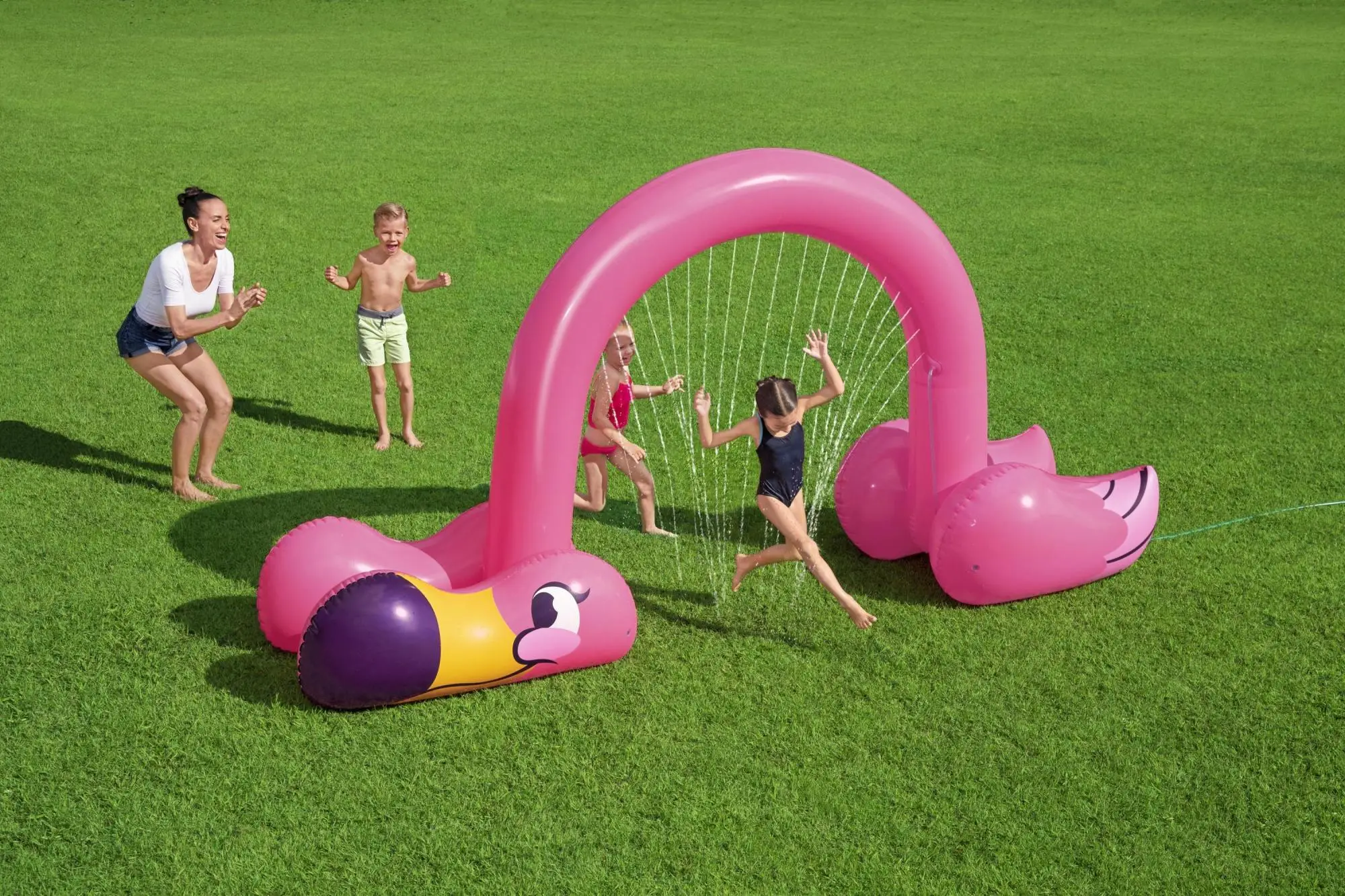 Arco de aspersor inflável gigante em forma de flamingo rosa da H2OGO! para crianças