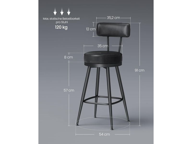 VASAGLE Barhocker 2er Set 54 x 90.5 cm, Schwarz Stabile Barstühle