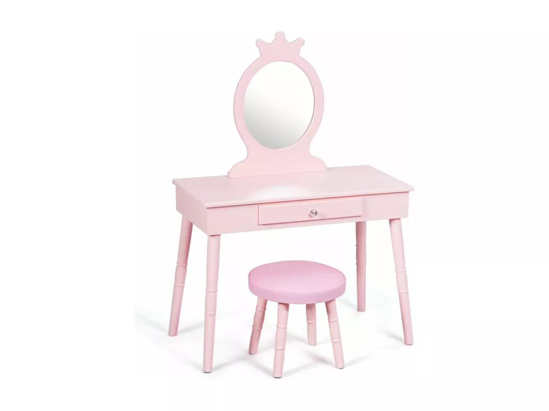 Coiffeuse avec Tabouret de Filles,Table de Maquillage pour Enfants, Style Princesse Européenne avec Tiroir et Miroir (Rose)