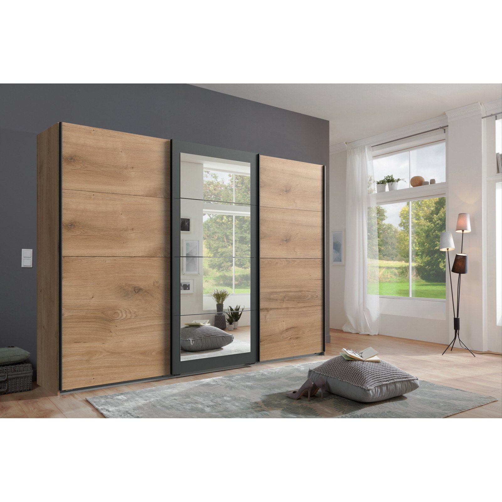 Schwebetürenschrank Minden Dekor Plankeneiche graphit 270 x 210 x 65 cm, mit Spiegel