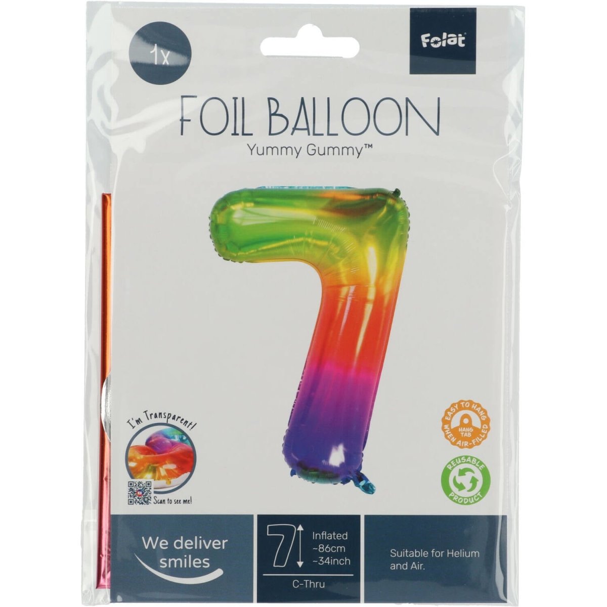 Folie Ballon Cijfer 7 Regenboog XL 81cm leeg