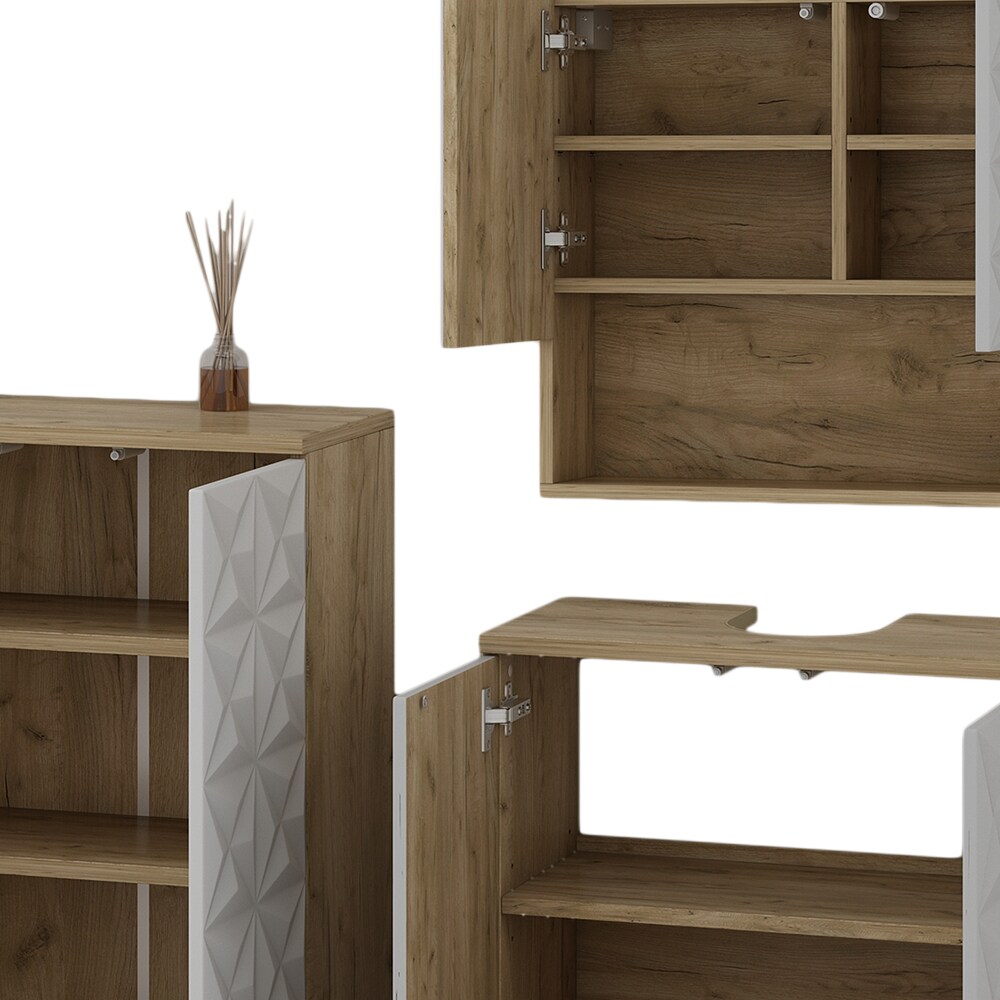 Vicco Badmöbel-Set Badezimmer-Möbel Bad-Schrank Edge Eiche Weiß modern Badezimmerschrank Waschbeckenunterschrank Spiegelschrank Badezimmerkommode