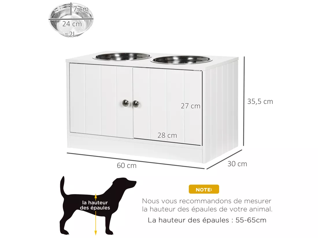 Gamelle double chien chat - porte-gamelles surélevé armoire 2 en 1 - 2 portes, 2 gamelles - acier inox. MDF blanc