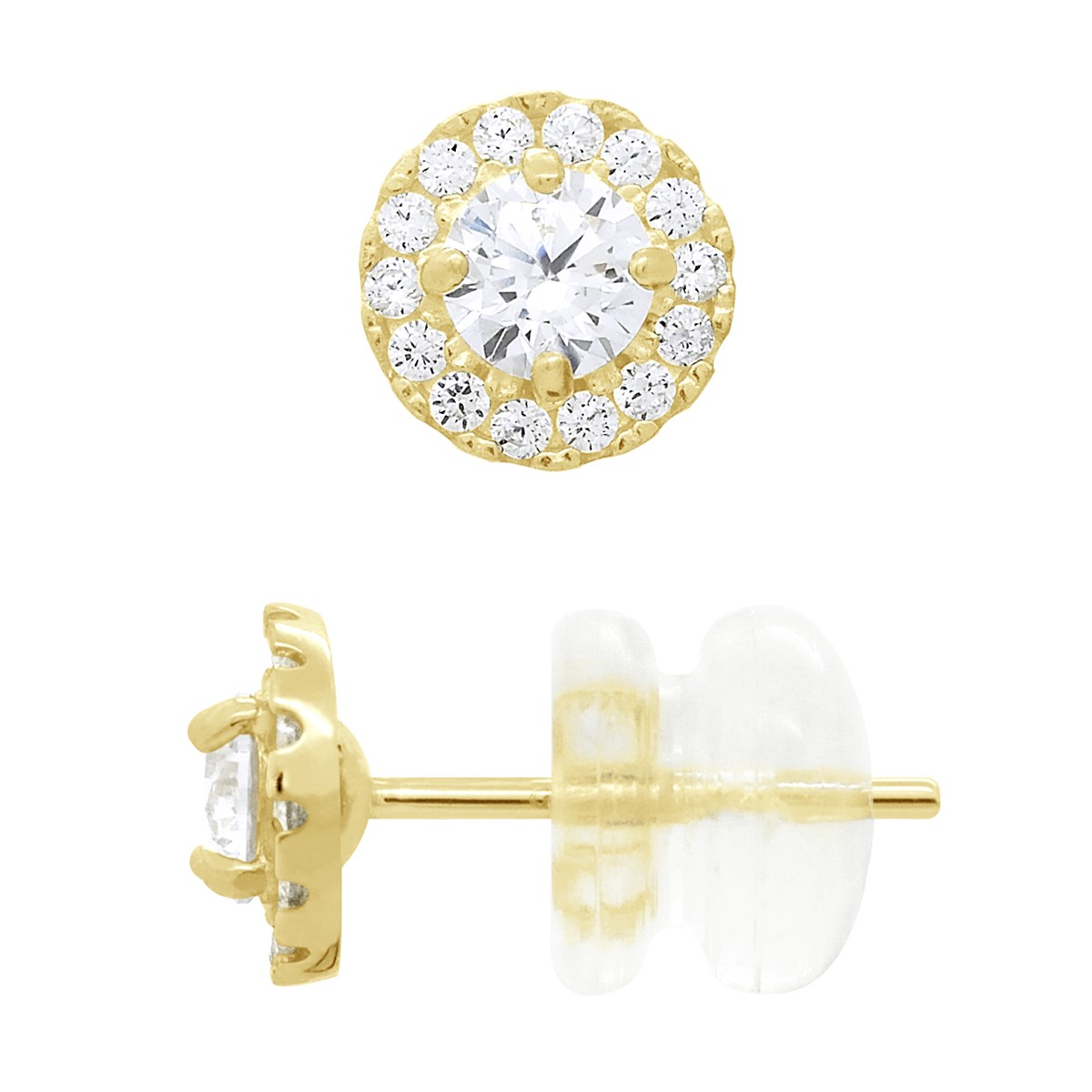 Boucles d'Oreilles - Orné d'un Oxyde de Zirconium Ovale et entourrage en Oxydes de Zirconiums - Or Jaune