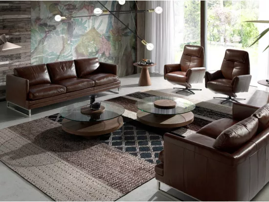 Fauteuil pivotant relax cuir avec mécanisme du dossier rabattable Kora-Couleur Cuir Piel noir
