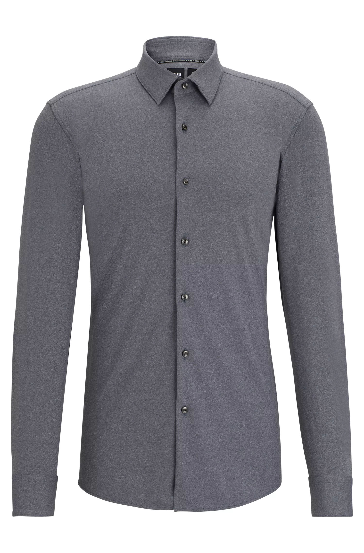 Camisa BOSS preta de corte slim em tecido elástico de alta performance.