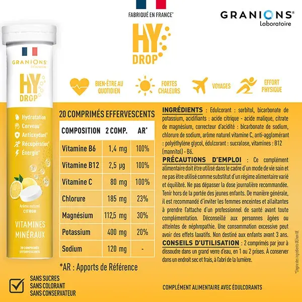 GRANIONS HYDROP Eletrólitos - Vitamina C, Magnésio, Minerais - Limão