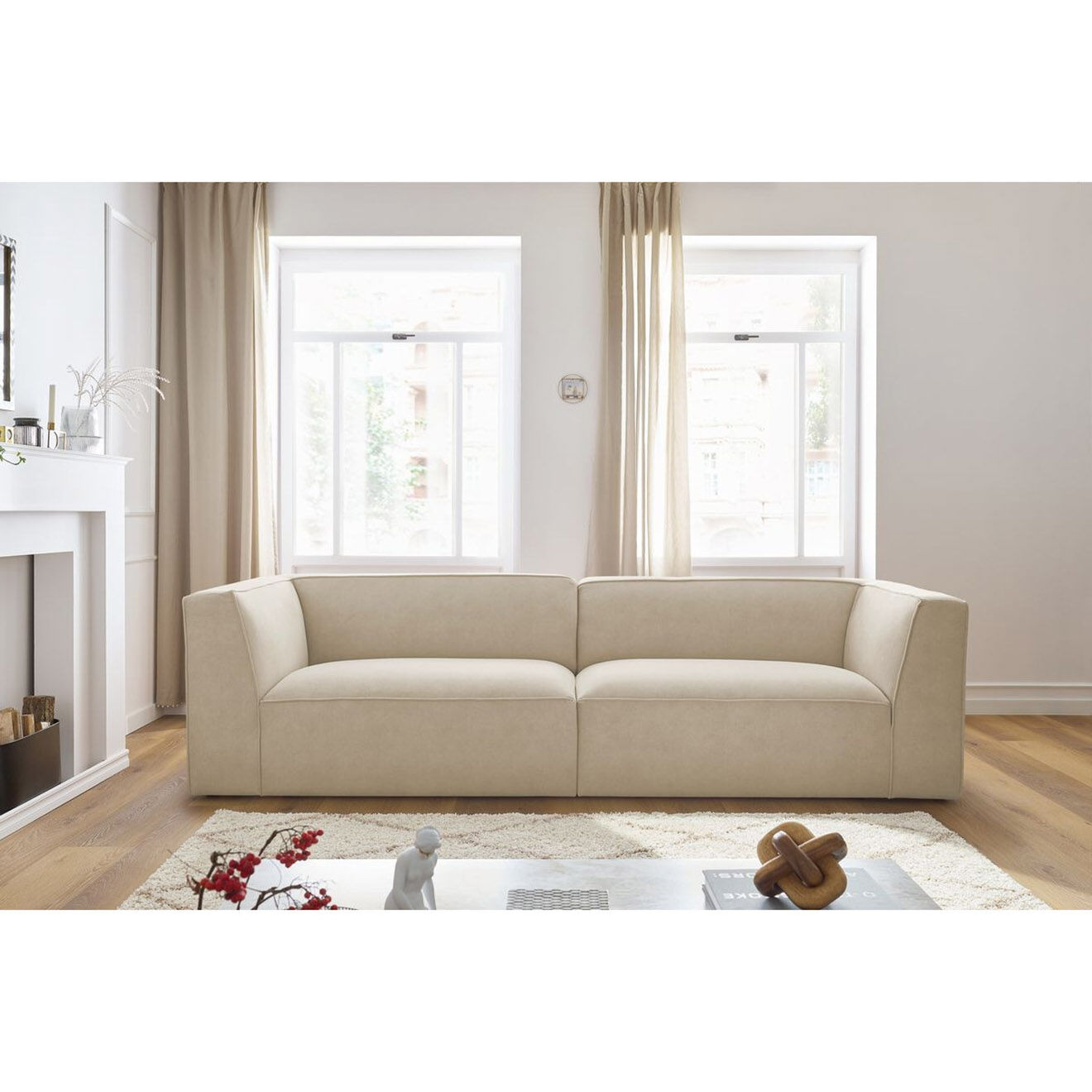 Bobochic Canapé droit fixe 4 places en Velours Molière beige - 273x99x71 cm