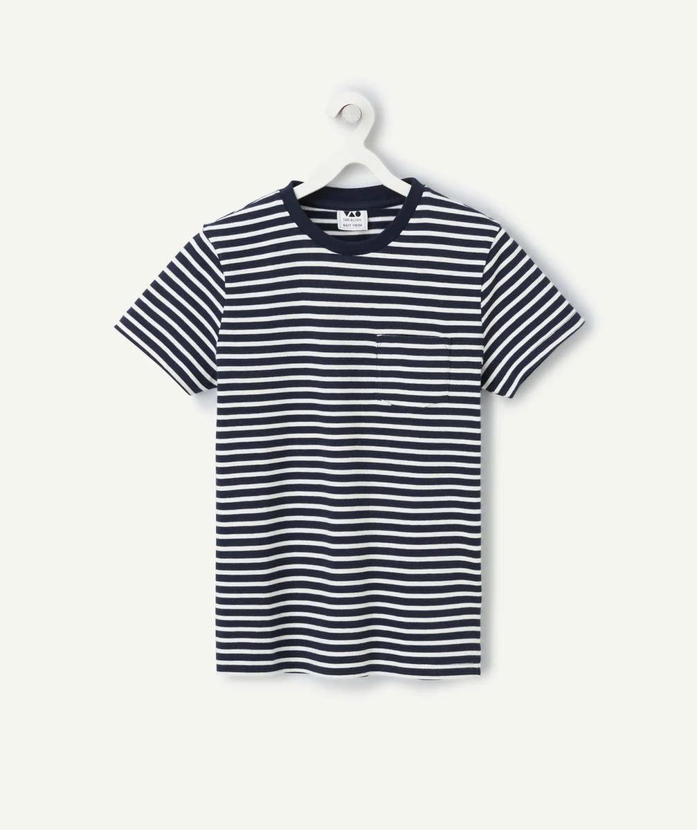 t-shirt manches courtes garçon en coton bio marinière bleue