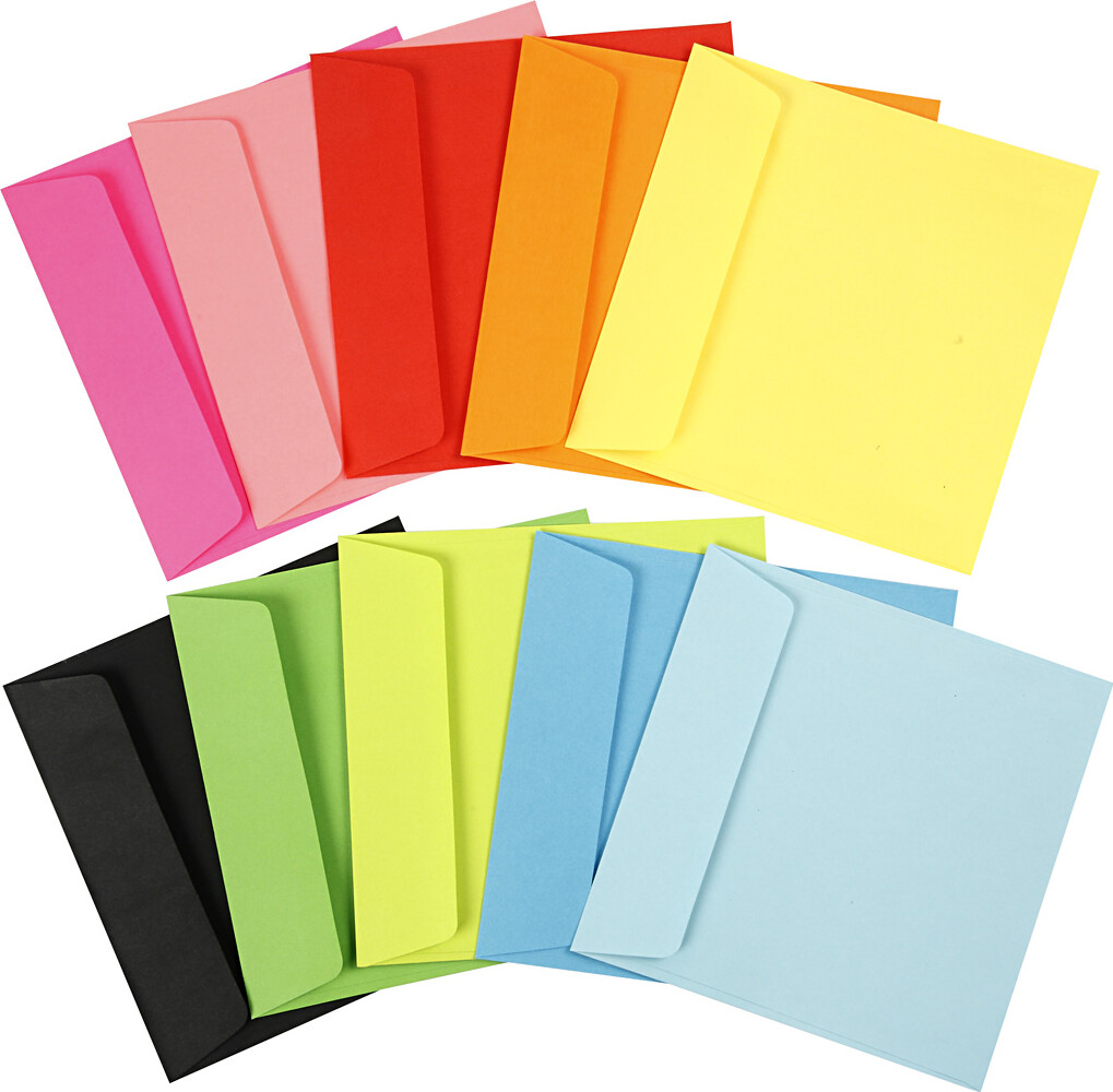 Kulørte Kuverter - Kuvert Str. 16X16 CM - 80 G - Assorterede Farver - 10X10 Stk