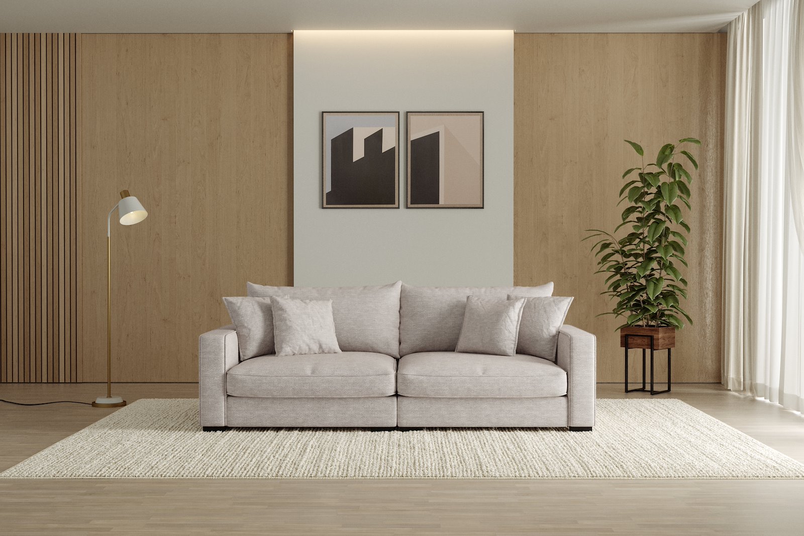 Rossi Lux 3-seter sofa Tekstil Beatto 1027 Lys Grå, arm B med sorte ben. Lux Komfort.