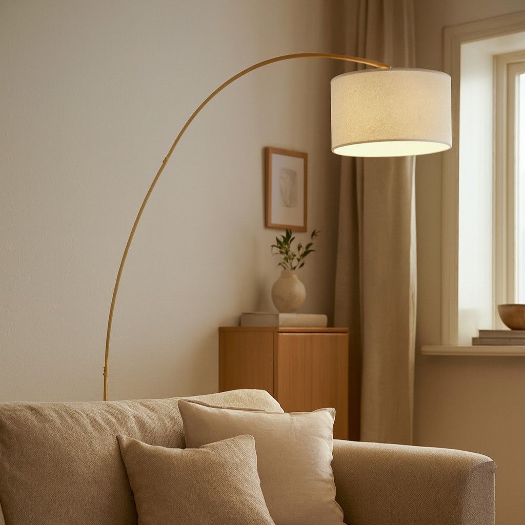 Moderne booglamp beige met teddy kap - Vinossa